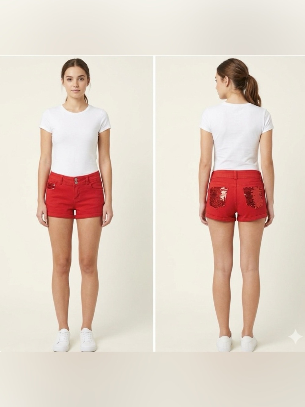 Women’s Red Cuffed Shorts Rue21 3inch Inseam Sequin Pockets Size 3 / 4